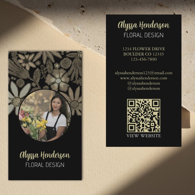 Elegant Tan & Black Floral Photo QR Code Logo Business Card (Creator Uploaded)