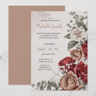 Elegant Tan Burgundy  Floral Baby Shower   Invitation