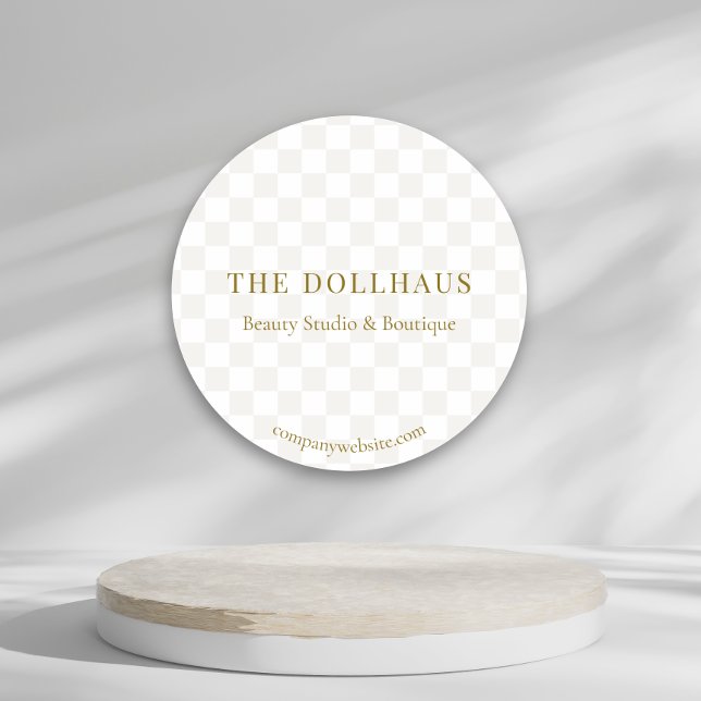 Elegant Tan Chequered Gold Boutique Event Display Classic Round Sticker (Creator Uploaded)