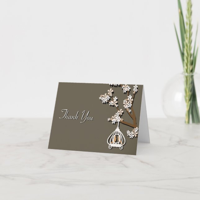 Elegant Tan Love Birds Wedding Thank You Card (Front)