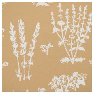 Elegant Tan Orange White Herbal Garden Pattern Fabric