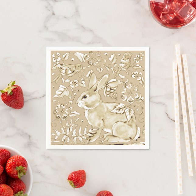 Elegant Tan Rabbit Bunny Bird Floral Easter Brunch Napkin (Insitu)