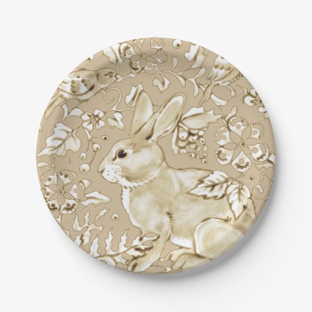 Elegant Tan Rabbit Bunny Bird Floral Easter Brunch Paper Plate (Front)