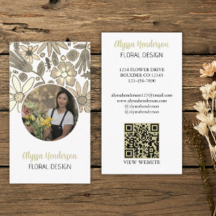 Elegant Tan & White Floral Photo QR Code Logo Business Card