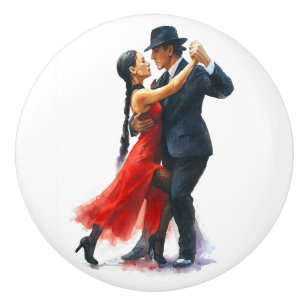 Elegant Tango Dance Couple in Red and Black Ceramic Knob