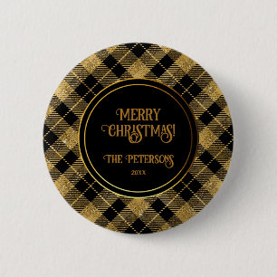 Elegant Tartan Black Gold Glitter 2 Inch Round Button