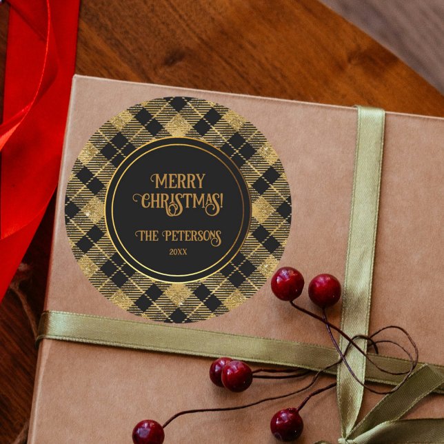 Elegant Tartan Black Gold Glitter Classic Round Sticker (Creator Uploaded)