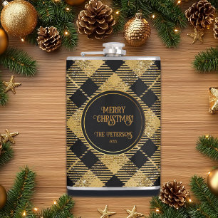 Elegant Tartan Black Gold Glitter Hip Flask