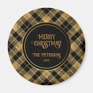Elegant Tartan Black Gold Glitter Magnet