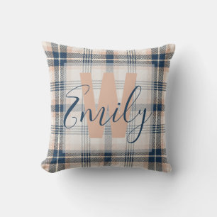 Elegant Tartan Blue Cream Monogram Throw Pillow