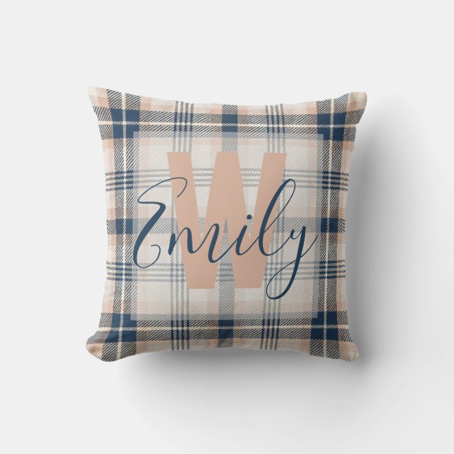 Elegant Tartan Blue Cream Monogram Throw Pillow (Front)