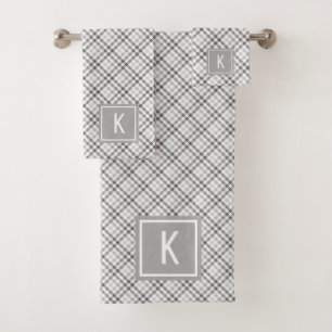 Elegant Tartan Grey White Monogrammed Bath Towel Set