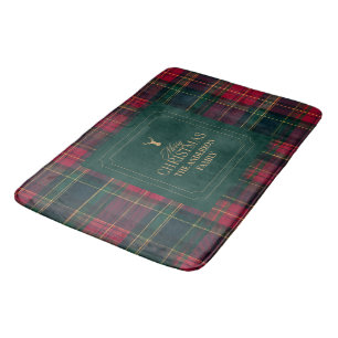 Elegant Tartan Plaid Christmas Stag Family Name Bath Mat