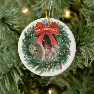 Elegant Tartan Plaid Merry Christmas Family Name Ceramic Ornament