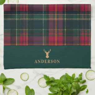 Elegant Tartan Plaid Merry Christmas Family Name Kitchen Towel
