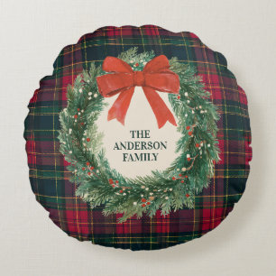 Elegant Tartan Plaid Merry Christmas Family Name Round Pillow