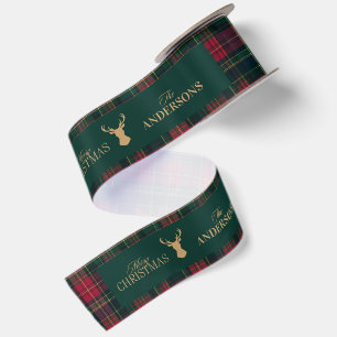 Elegant Tartan Plaid Merry Christmas Family Name Satin Ribbon