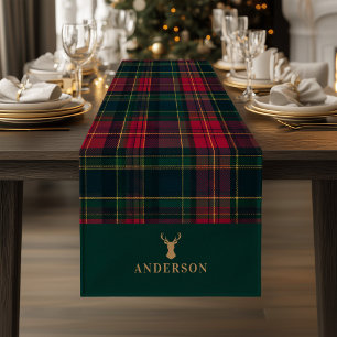 Elegant Tartan Plaid Merry Christmas Family Name Short Table Runner