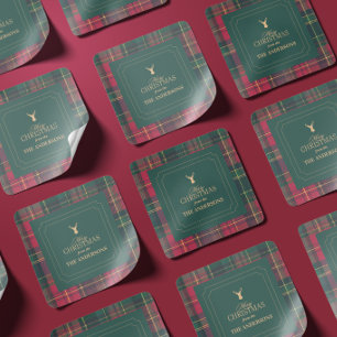 Elegant Tartan Plaid Merry Christmas Family Name Square Sticker