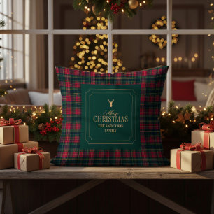 Elegant Tartan Plaid Merry Christmas Family Name Throw Pillow