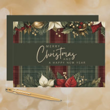 Elegant Tartan Plaid Poinsettias Merry Christmas