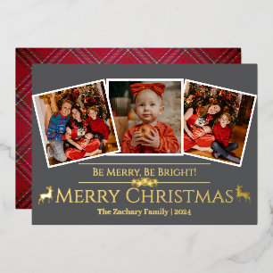 Elegant Tartan Plaid Reindeer Christmas 3 Photo Foil Holiday Card