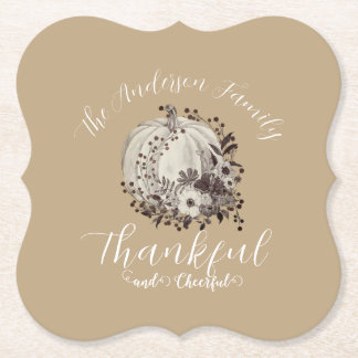 Elegant Taupe Autumn ‘Thankful And Cheerful’  Paper Coaster