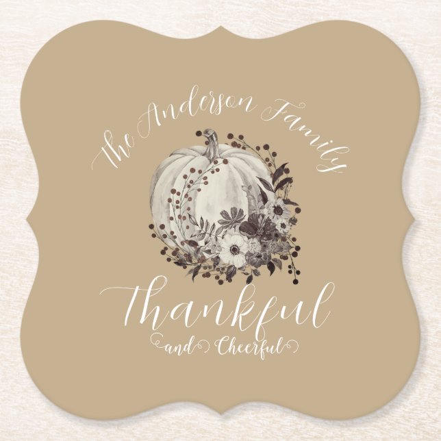 Elegant Taupe Autumn ‘Thankful And Cheerful’  Paper Coaster (Front)