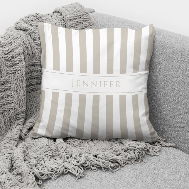 Elegant Taupe Beige Stripes Pattern Name Throw Pillow (Creator Uploaded)