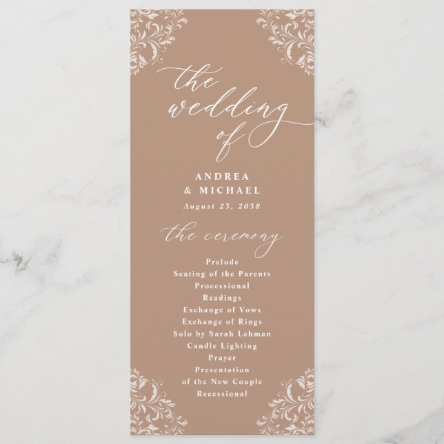 Elegant Taupe Beige Vintage Wedding Program (Front)