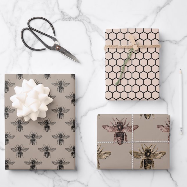 Elegant taupe, black and blush pink bee-themed  wrapping paper sheet (Front)