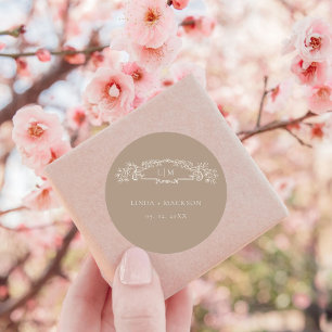 Elegant Taupe botanical crest monogram wedding Classic Round Sticker
