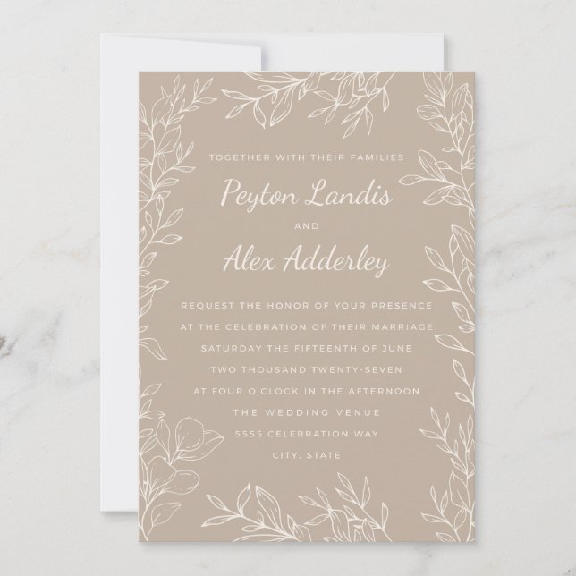 Elegant Taupe Cream Botanical Line Art Wedding Invitation (Front)
