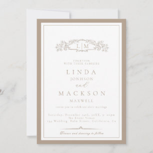 Elegant Taupe Crest Monogram Wedding   Invitation