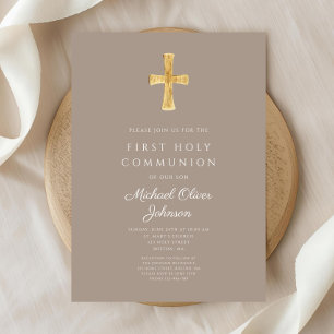 Elegant Taupe Cross Boy First Communion Invitation
