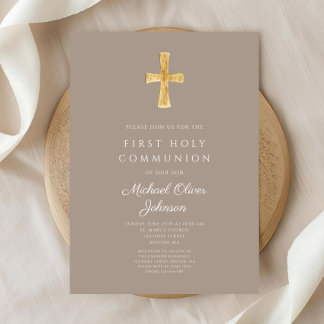 Elegant Taupe Cross Boy First Communion Invitation