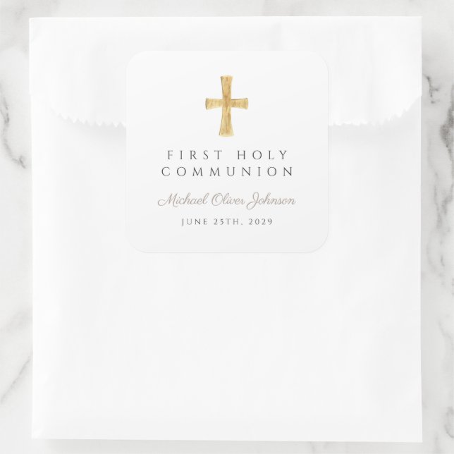 Elegant Taupe Cross Boy First Communion  Square Sticker (Bag)