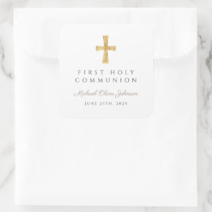 Elegant Taupe Cross Boy First Communion  Square Sticker