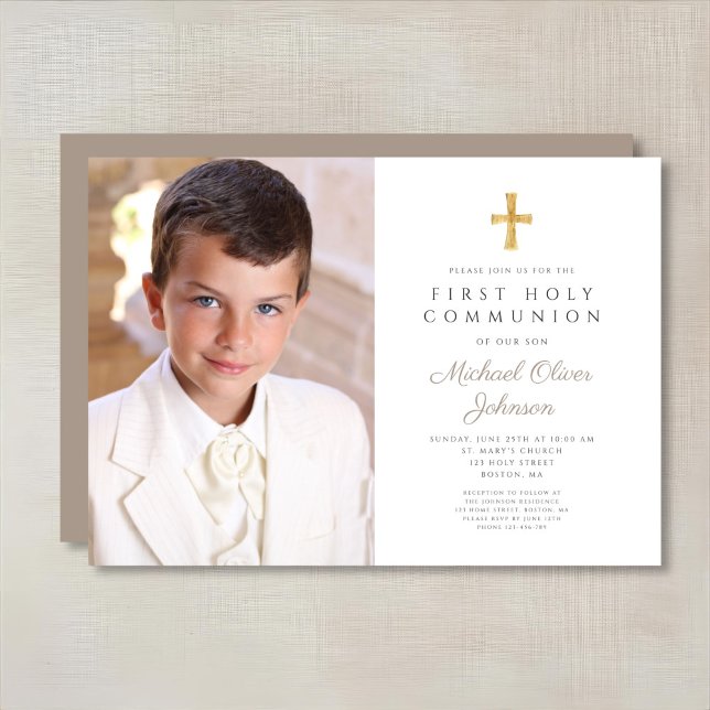 Elegant Taupe Cross Photo Boy First Communion Invitation (Elegant Taupe Cross Photo Boy First Communion Invitation)