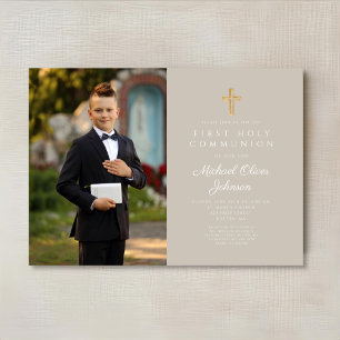 Elegant Taupe Cross Photo Boy First Communion  Invitation