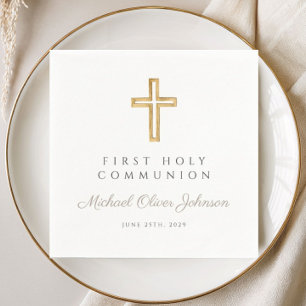 Elegant Taupe Cross Religious First Communion Napkin