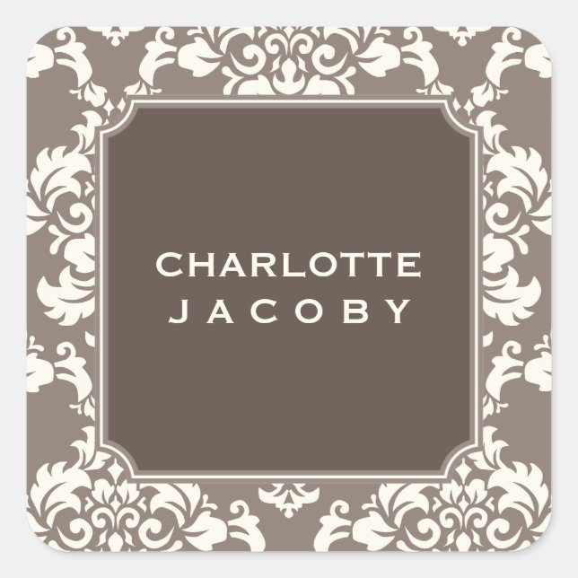 Elegant Taupe Damask Personalized Sticker (Front)