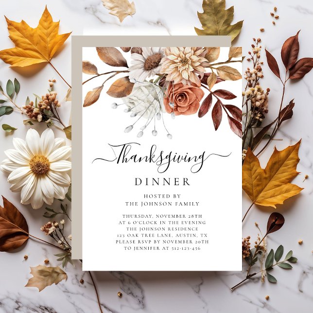 Elegant Taupe Fall Floral Thanksgiving Dinner Invitation (Elegant Taupe Fall Floral Thanksgiving Dinner Invitation)