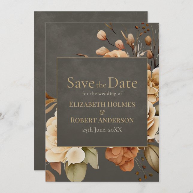 Elegant Taupe Floral Save the Date (Devant / Derrière)