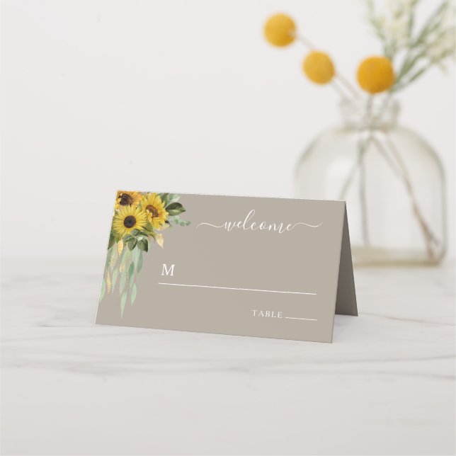 Elegant Taupe Floral Sunflowers Wedding Place Card (Front)