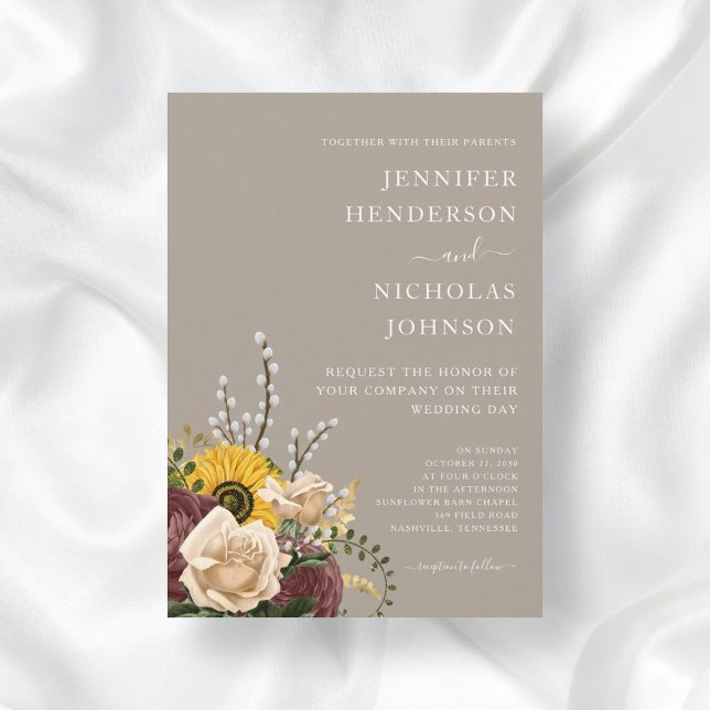 Elegant Taupe Floral Wedding Invitation (Creator Uploaded)