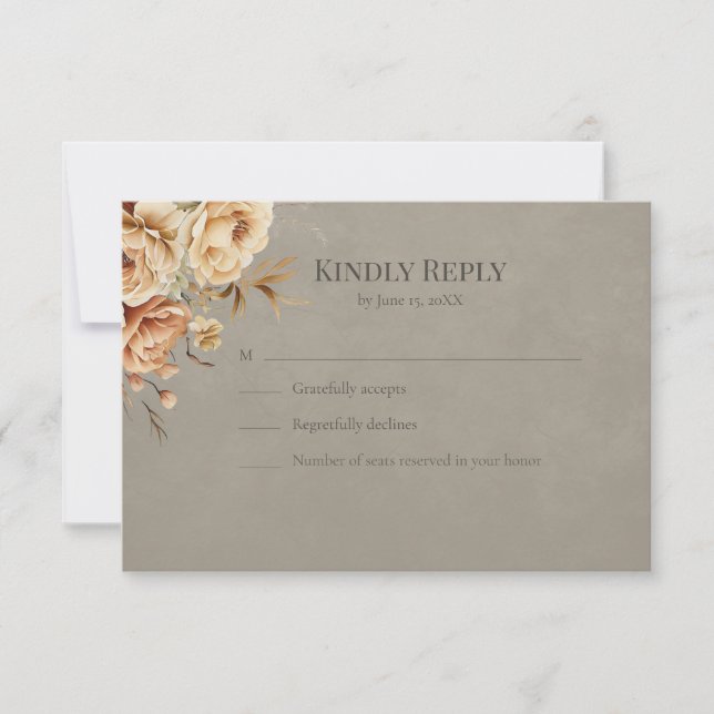 Elegant Taupe Floral Wedding RSVP (Front)