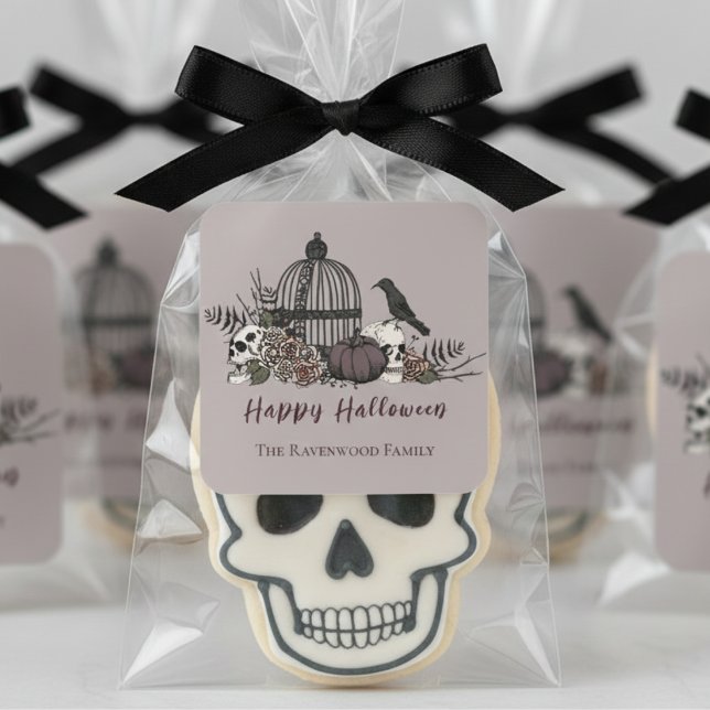 Elegant Taupe Grey Gothic Happy Halloween Square Sticker (Gothic Halloween Floral Skull Sticker. Autumn Blush Roses, Burgundy Flowers, Skulls, Birdcage, Crow)