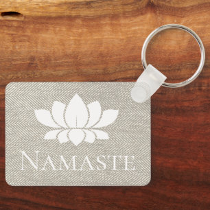 Elegant Taupe Herringbone Namaste White Lotus Keychain
