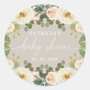 Elegant Taupe Peach Floral Baby Shower Classic Round Sticker